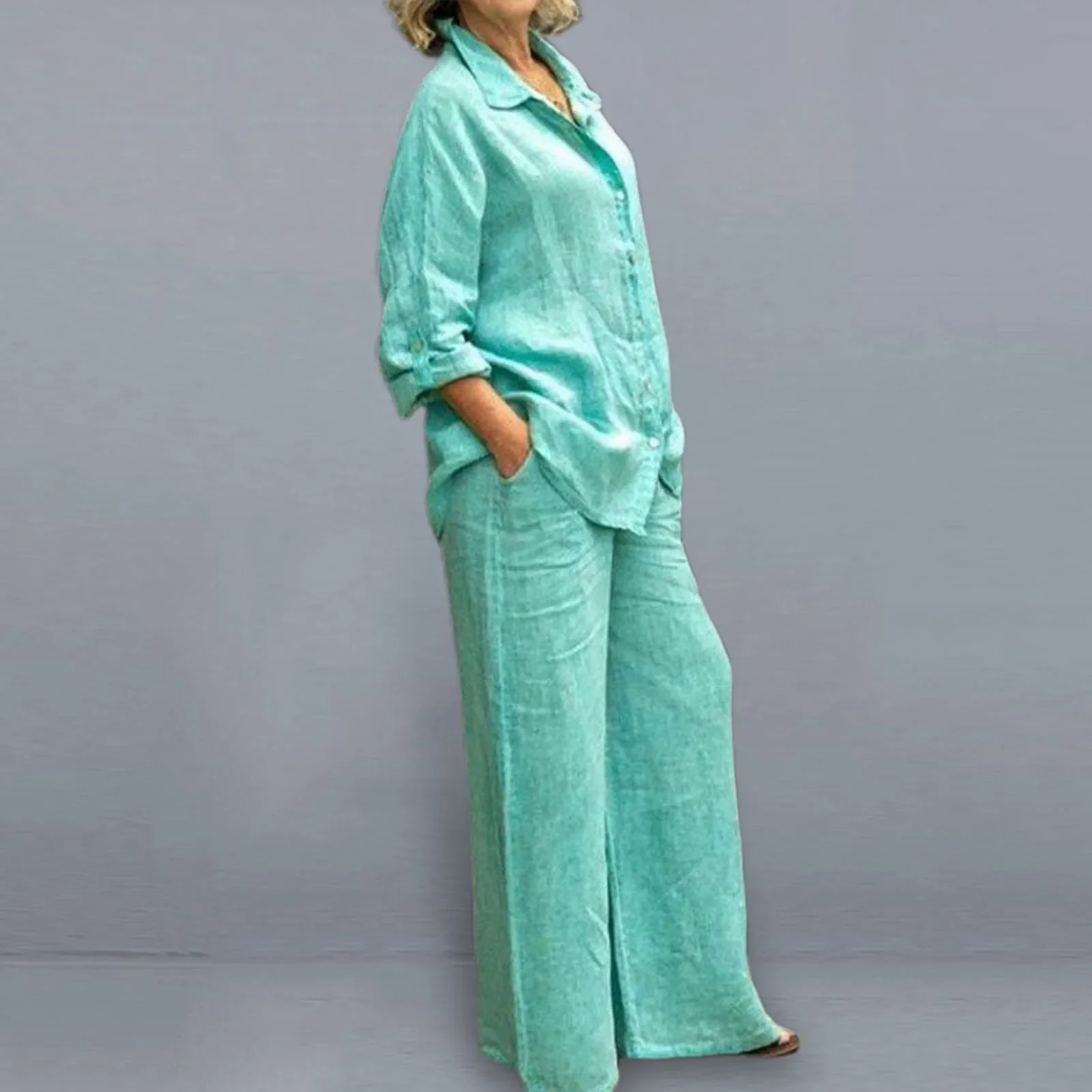 Women Autumn Cotton Lapel Shirt Two Pieces Set Vintage Solid Long Sleeve Button Blouse and Loose Straight Pants Casual Suits