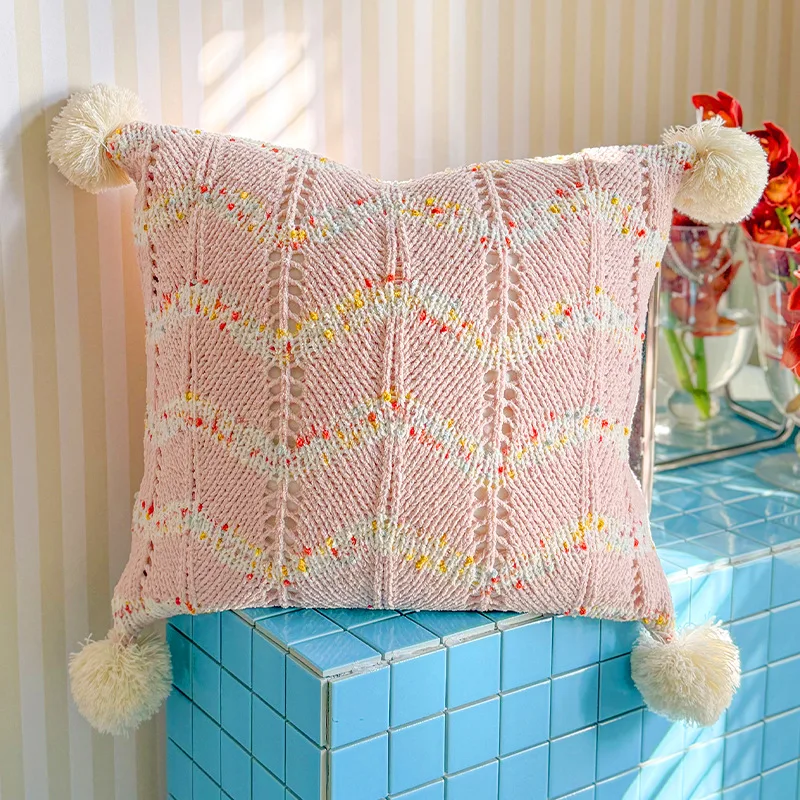 Weiche Boho-Kissenhülle aus buntem Strick mit Quasten, Baumwolle und Leinen, moderne Kissenbezüge für Sofa und Bett – Detail 9