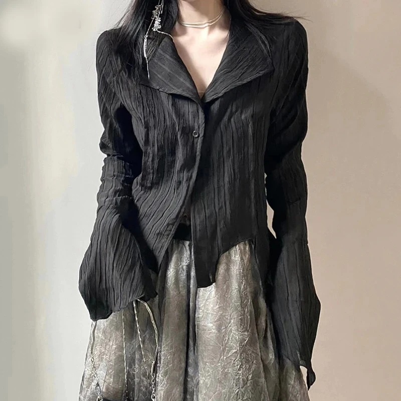 

Женские готические черные рубашки, корейские темные академические женские дизайнерские асимметричные топы, Весенняя модная уличная блузка
