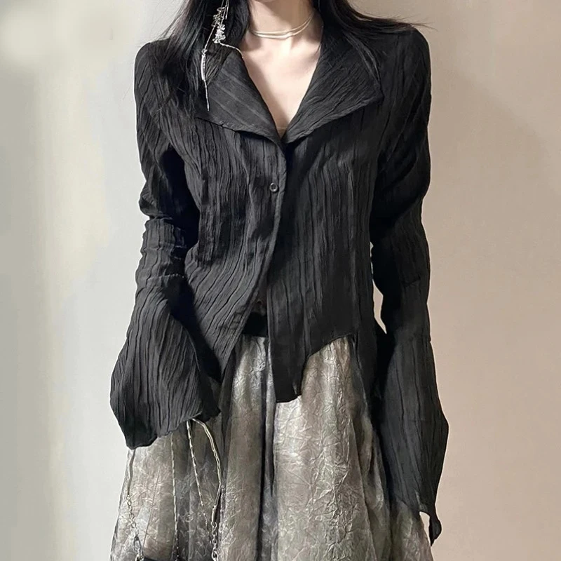 Gothic Women Black Shirts Korean Dark Academic Female Designed Irregular Tops Spring Fashion Streetwear Blouse