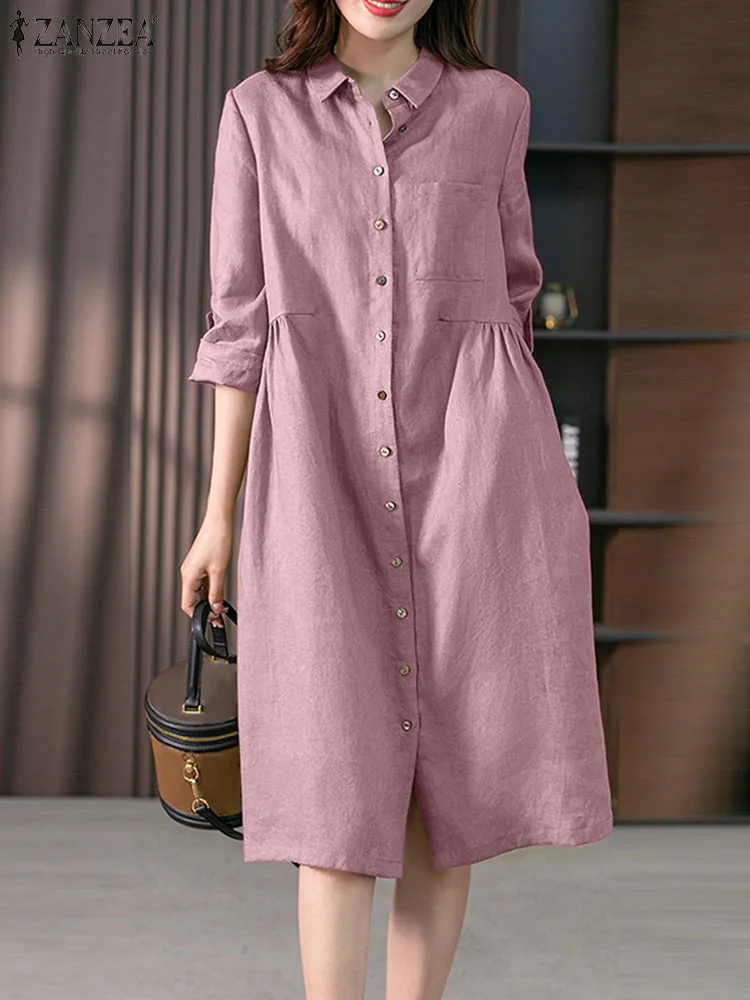 

2023 Spring Causal Shirt Dress Women Long Sleeve Solid Dresses ZANZEA Fashion Lapel Neck Midi Vestidos Holiday Sundress Oversize