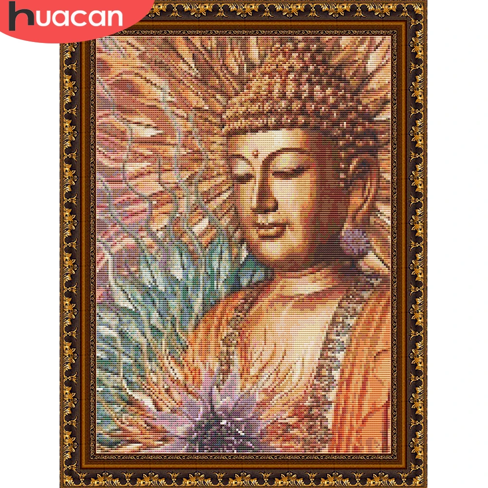 HUACAN Portrait Buda Full Embroidery Kits Religion Cross Stitch Cotton Thread The Buddha Needlework Wall Artwork Home Decor