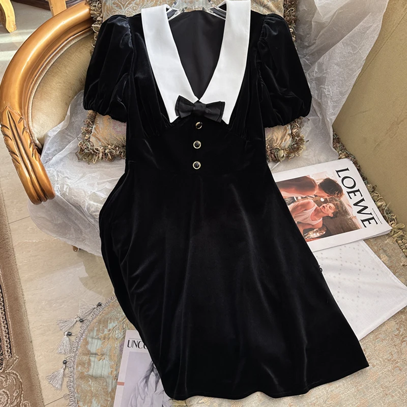 

Kawaii Lapel Neck Black Velvet Bubble Sleeve Fashion V-Neck A-Line Dress 2023 Spring Slim Large Hemline Bow Sweet Birthday Dress