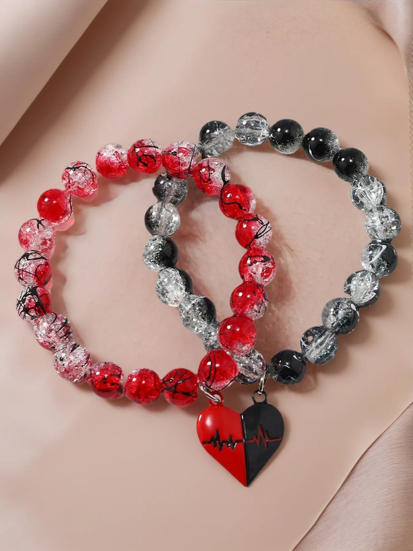 Couple Bracelet - 10mm Handmade Magnetic Heart  Broken Glass Beads