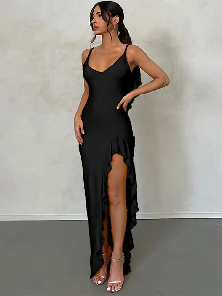 

Summer Fashion Slim PartyClub Dress V-neck Ruffle Backless Sleeveless Sling Dress Sexy Split Women's Pleated Beach Holiday Gown