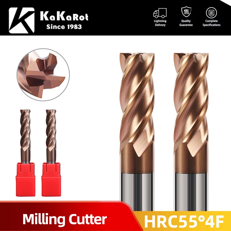 Carbide end mill KaKarot HRC55 1 2 4 5 6 8 10 12mm 4Flutes Milling Cutter Cutting Iron CNC Maching