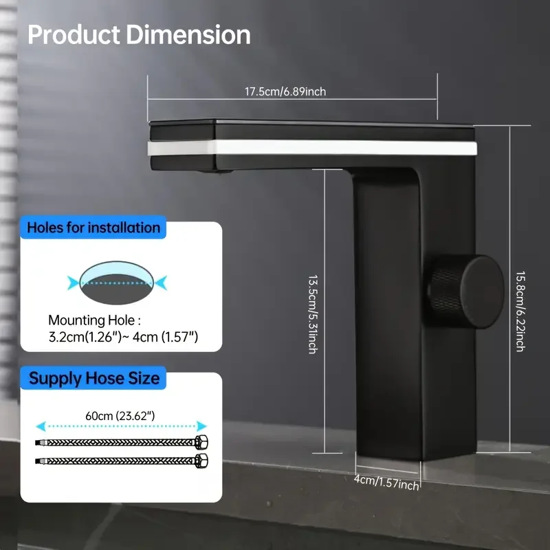 Modern Black Single Hole Bathroom Sink Faucet with Digital Temperature Display - Battery-Free Hydraulic Power