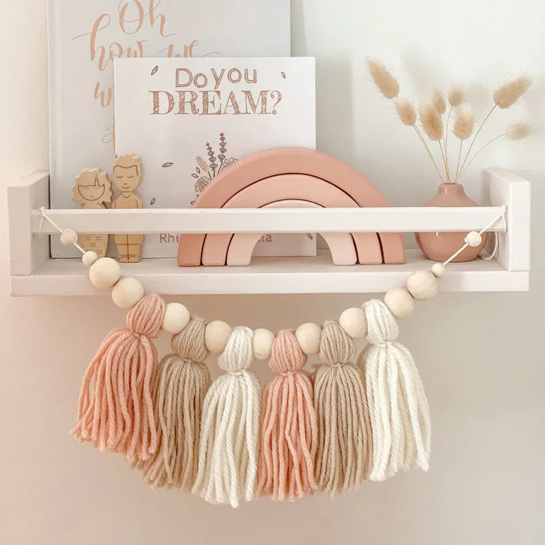 

Ins Nordic Wind Macaroon Color Wooden Beads Tassel Ornaments Home Color Wool Wall Decoration Children's Room Ornaments.