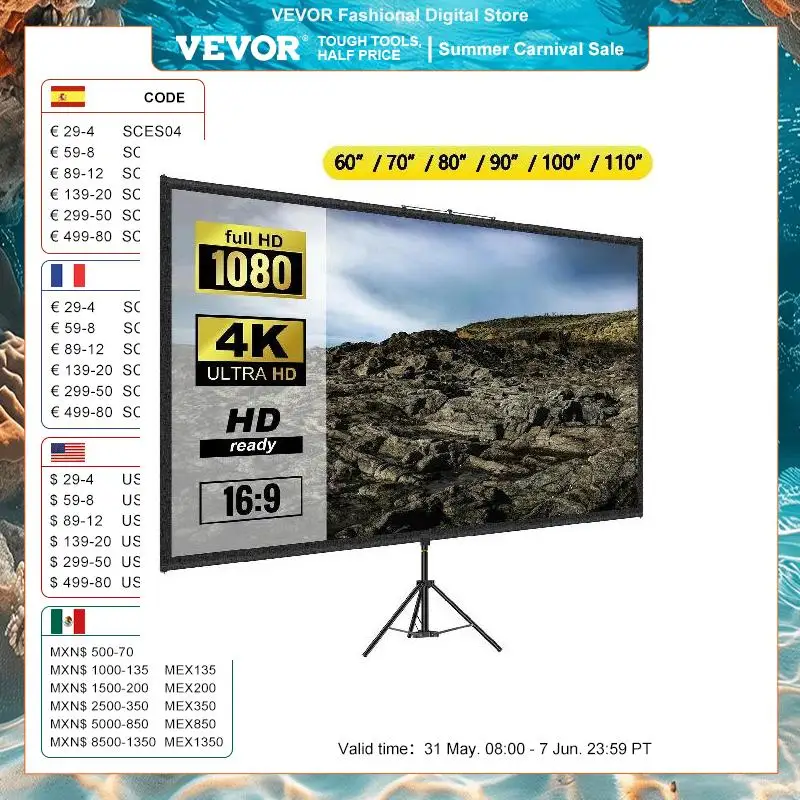 VEVOR 60 70 80 90 100 110 Inch Tripod Projector Screen W/ Stand 16:9 4K HD Portable Home Cinema for Indoor & Outdoor Projection
