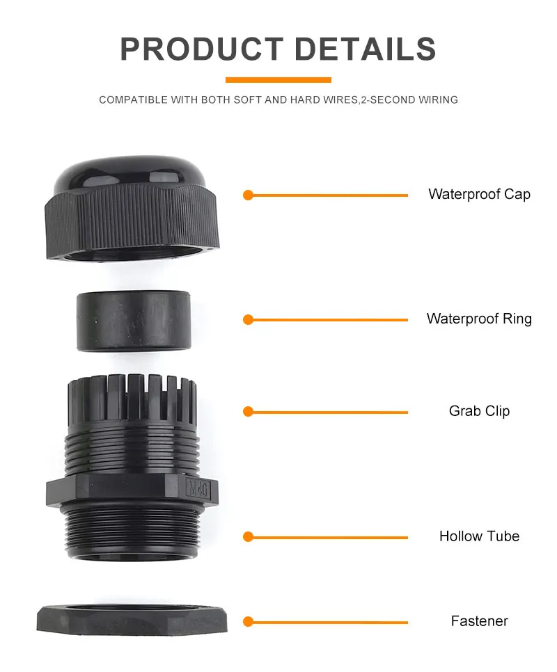 1PCS IP68 Schwarz Wasserdichte Mutter Metallic Kabelverschraubung M Typ Einstellbare Anschlüsse Nylon Kunststoff Dichtung Befestigungs Joint M36/M40/M50/M63 – Detail 7