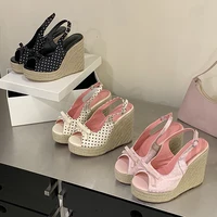 Aneikeh Summer Thick Soled Grass Woven High Heels Casual Retro Roman Sandals Polka Butterfly-kont Wedge Platform Woman Sandals