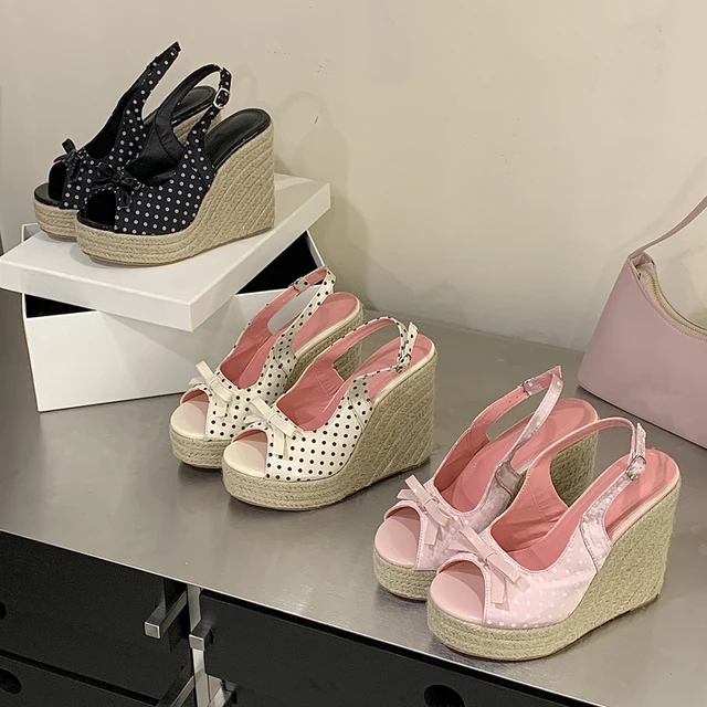 Aneikeh Summer Thick Soled Grass Woven High Heels Casual Retro Roman Sandals Polka Butterfly-kont Wedge Platform Woman Sandals 1