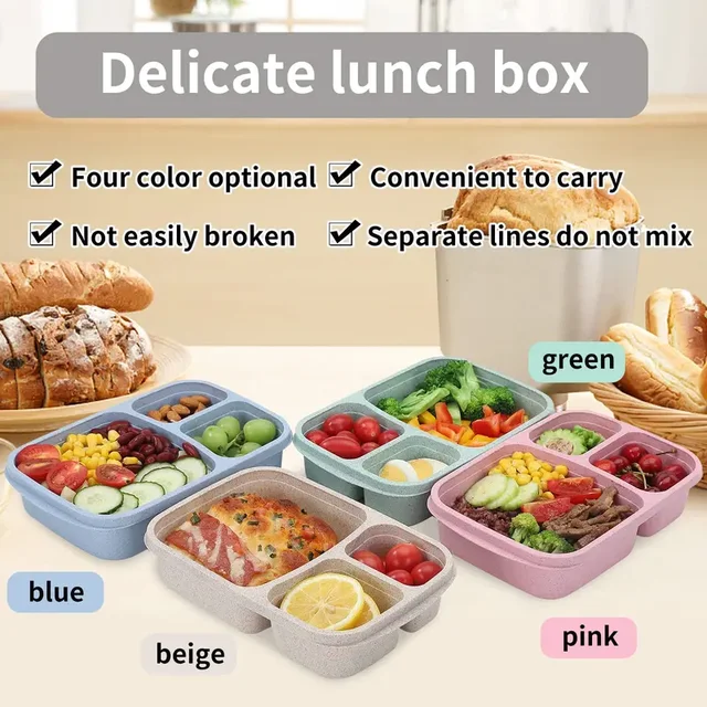Boîte à déjeuner Bento à 3 compartiments, paille de blé, préparation des repas, conteneurs de stockage des aliments en plastique, 1 paquet 4