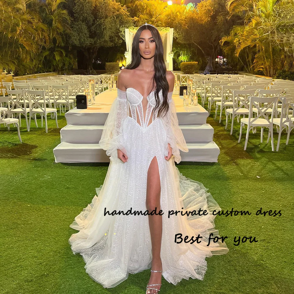 Sexy A Line Wedding Dresses Leg Split Illusion Corset Sweetheart Bride Dress Dotted Tulle Long Israel Wedding Bridel Gowns