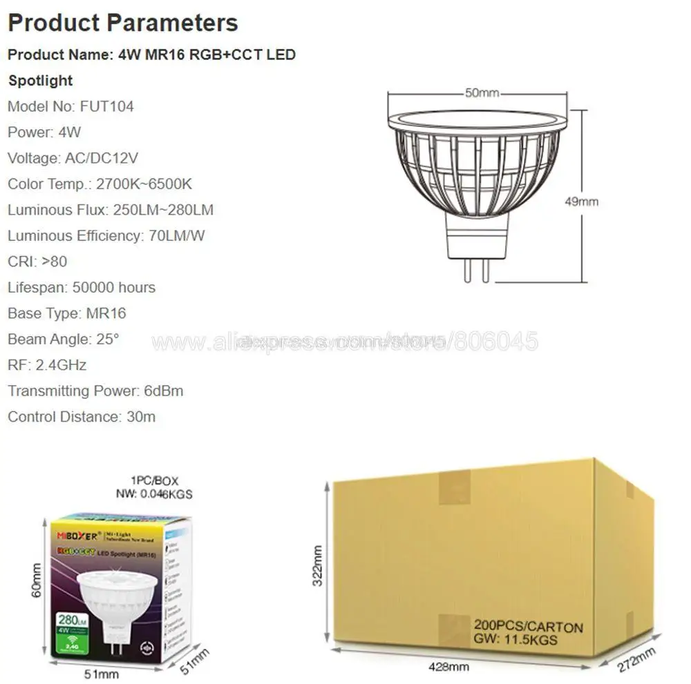 fio, Spotlight Wi-Fi, MR16, FUT104, 12V, RGBCCT, 2700-6500K, 2.4G RF, 4W