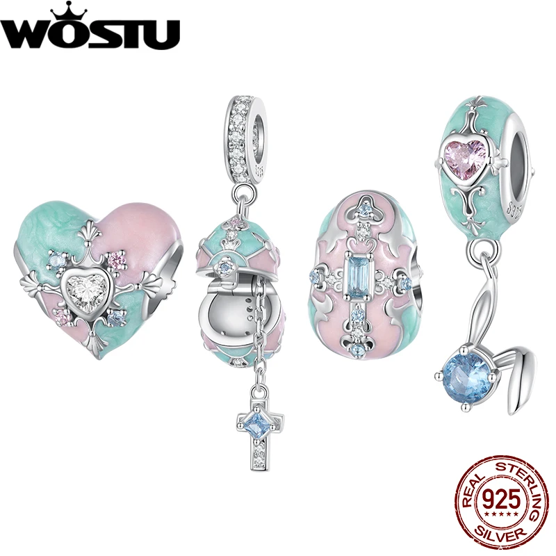 

WOSTU 925 Sterling Silver Easter Egg Hanging Bead Heart Rabbit Silicone Bead for Women Fit Bracelet & Necklace Fine Jewelry Gift