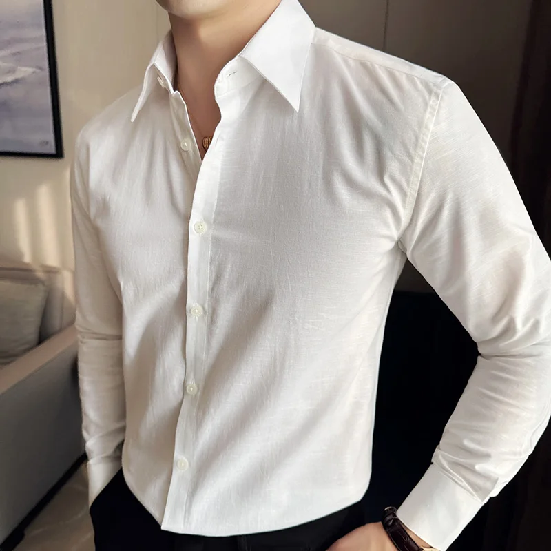 Men Luxury Cotton Linen Shirts Breathable Thin Social Shirt Dress Vintage Slim Fit Plain Color Tuxedo 4XL