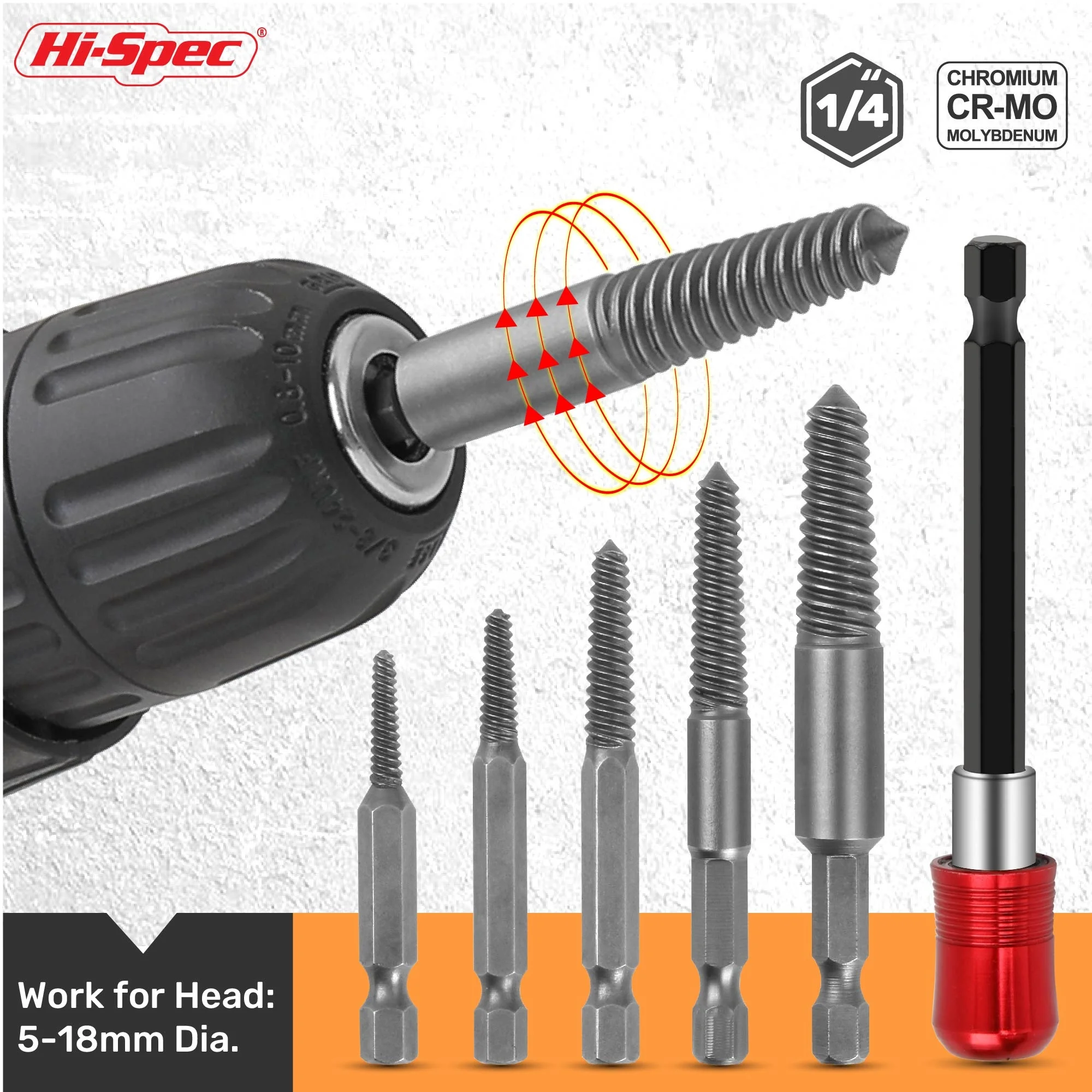 Hi-Spec 5 Pieces of Damaged Screw Extractor, Hexagonal Handle Screw Stripper, 5-18 Mm Broken Screw Removal Power Tool