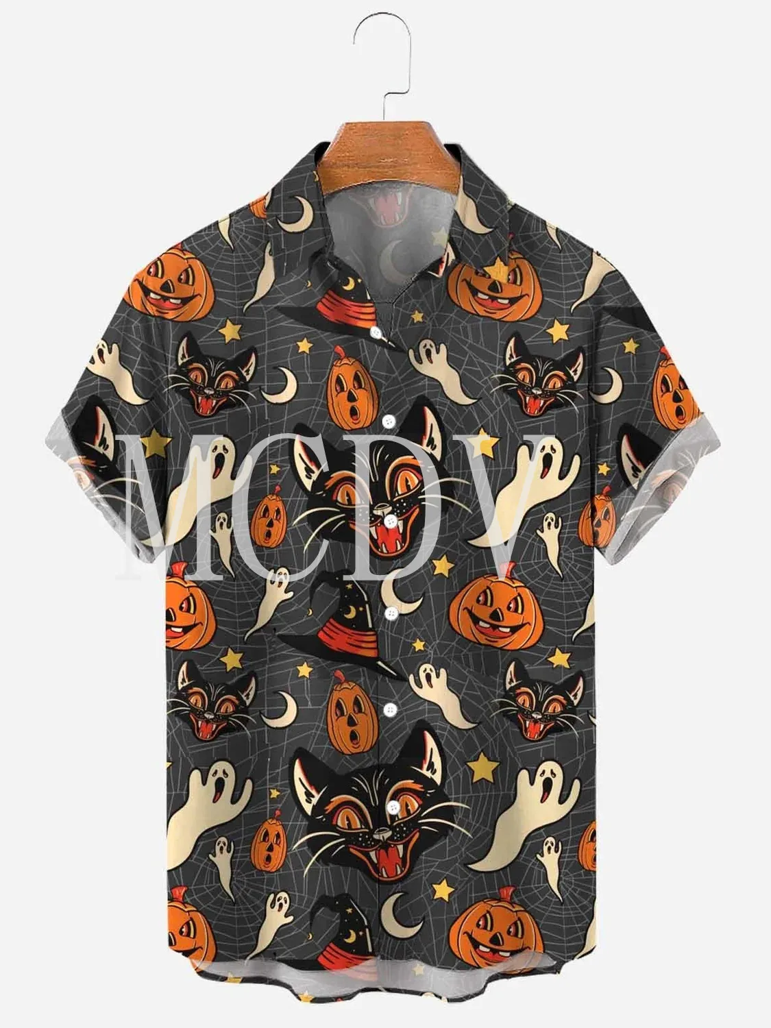 Men's For Women's Tops Halloween Cat Print Casual Breathable Short Sleeve Hawaiian Shirt