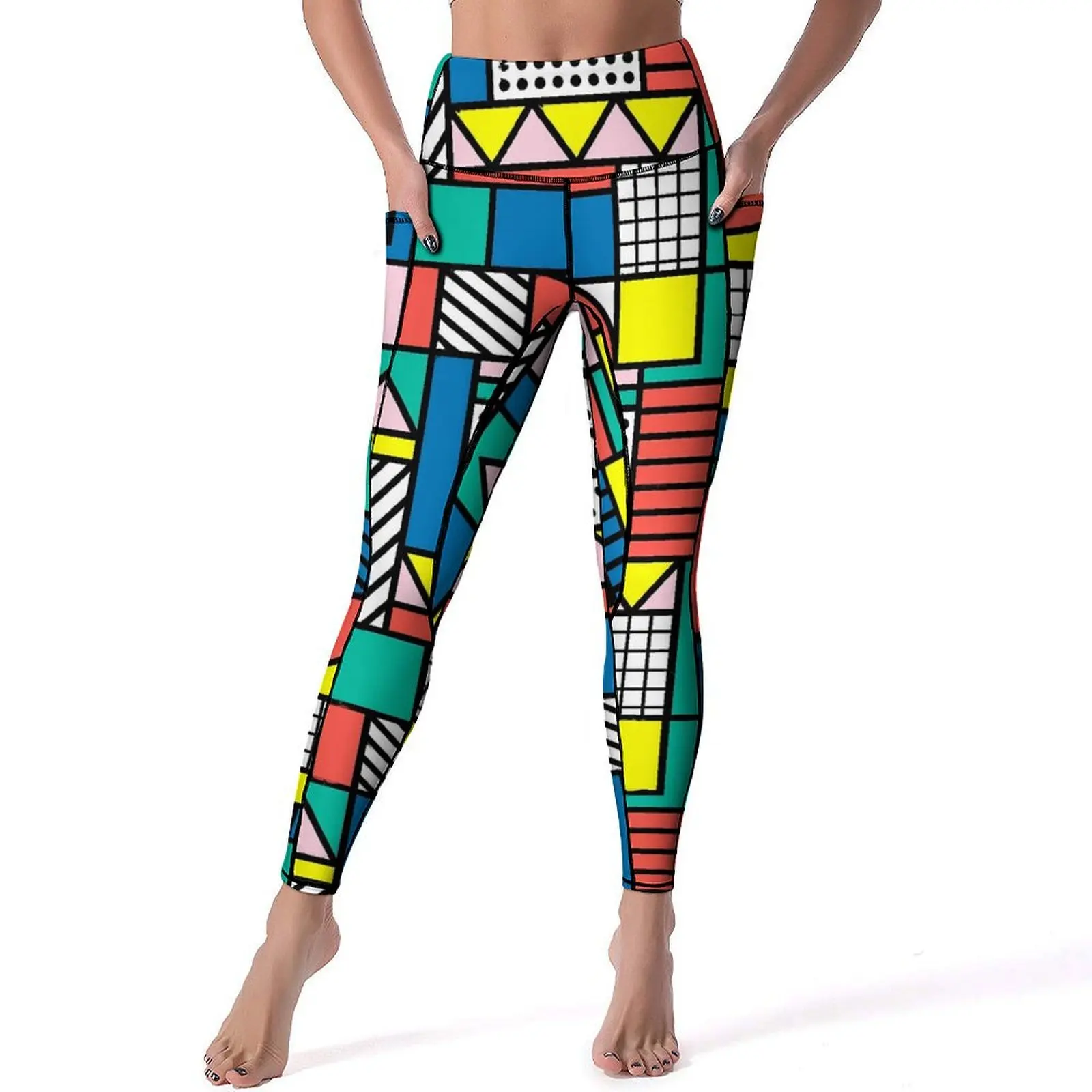 

Memphis Color Block Leggings Geometric High Waist Yoga Pants Vintage Stretchy Yoga Legging Women Design Gym Sport Pants