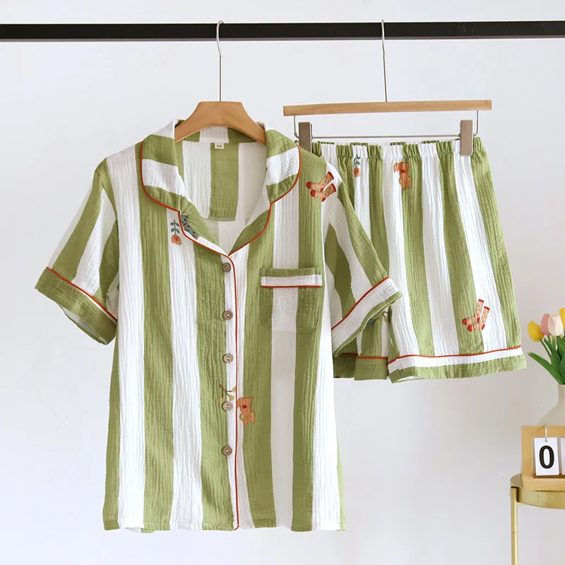 2023 New Summer Women's Pajama Set Cotton Crepe Short Sleeve Shorts Two Piece Set Vertical Striped Simple Home Furnishing