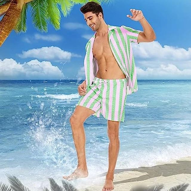 Ken Costume Men's Casual Striped Shirt and Short Hawaiian Vacation Outfits  Beach Matching Set Ken Halloween Cosplay - AliExpress