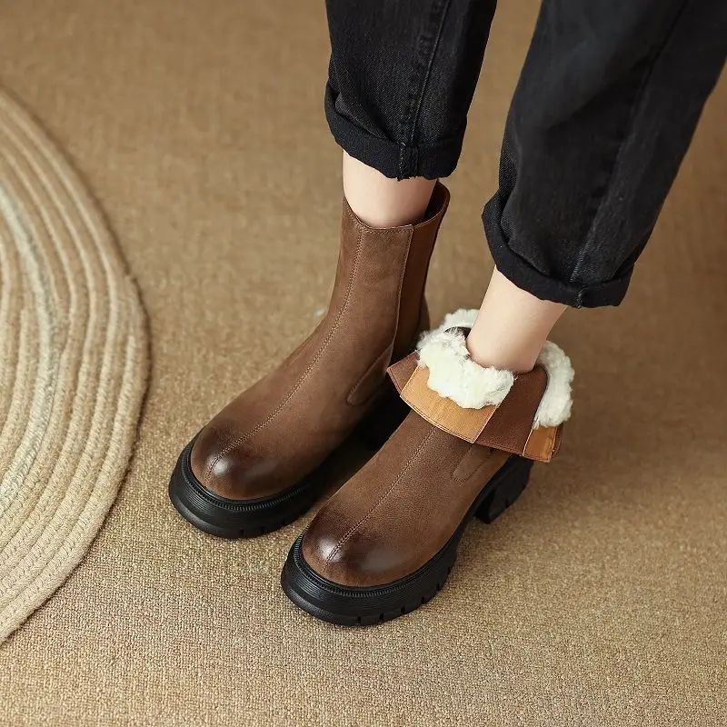 

Sheepskin Women Winter Shoes Wool Fur Warm Platform Ankle Boots Size 42 Snow Boots Keep Warm -30℃ Back Zippers Ladies Shoes