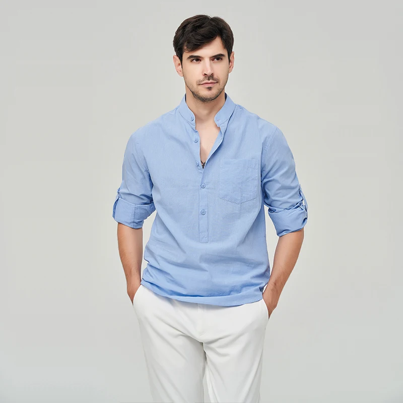 US Size Spring and Autumn 100% Pure Cotton Linen Long Sleeve Shirt Business No Iron Fit Solid Color Large Size High Quality