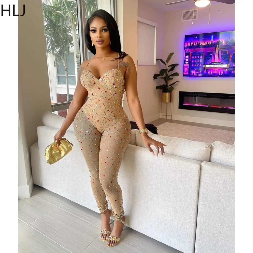 HLJ Sexy Mesh Perspective Rhinestone Bodycon Jumpsuits Women V Neck Sleeveless Slim Playsuits Fashion Party Nightclub Overalls