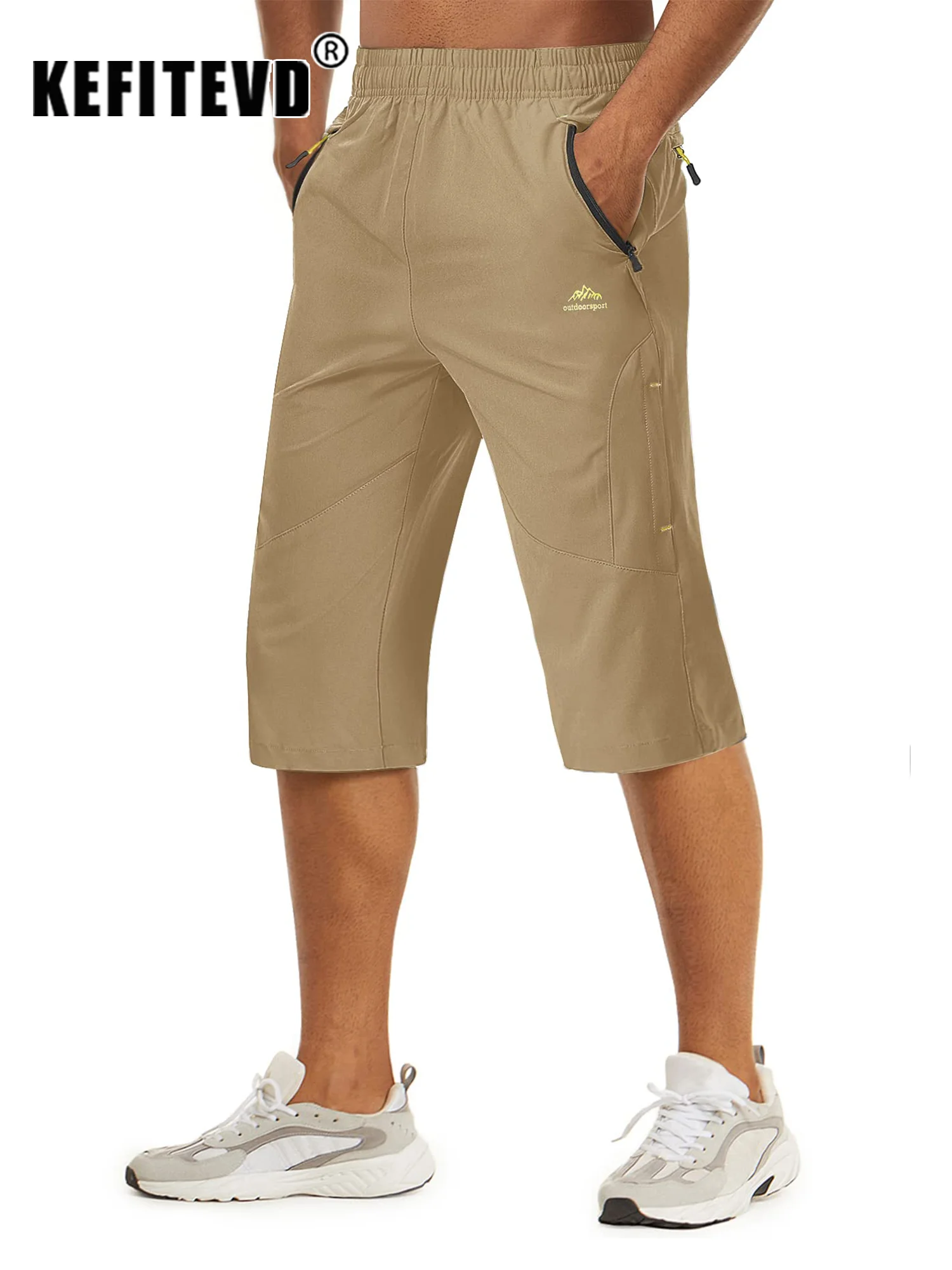 KEFITEVD Summer Quick Dry Hiking Shorts Men's Cargo 3/4 Short Lightweight Water Resistant Elastic Capris Zipper Pocket Jogger