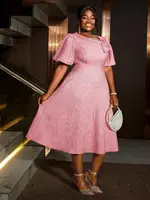 Plus Size Pink Rose Jacquard A-Line Dress with Puff Sleeves & Bow Detail - Image 5