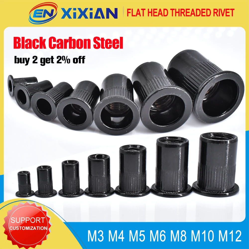 Rivets and Fasteners M3 M4 M5 M6 M8 M10 M12 Flat Rivet Nut Black Carbon Steel Flat Head Threaded Rivet Insert Nutsert Cap 1pcs-50pcs