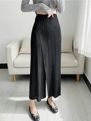 Miyake Women Pleated Solid Color Ankle-length Pants Elastic Waist Wide Leg Straight Female Trsouser Loose 2024 Summer Clothing