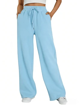 Women's Wide Leg Pants European and American women Fleece sweatpants,waist drawstring straight leg loose dance casual trousers 1