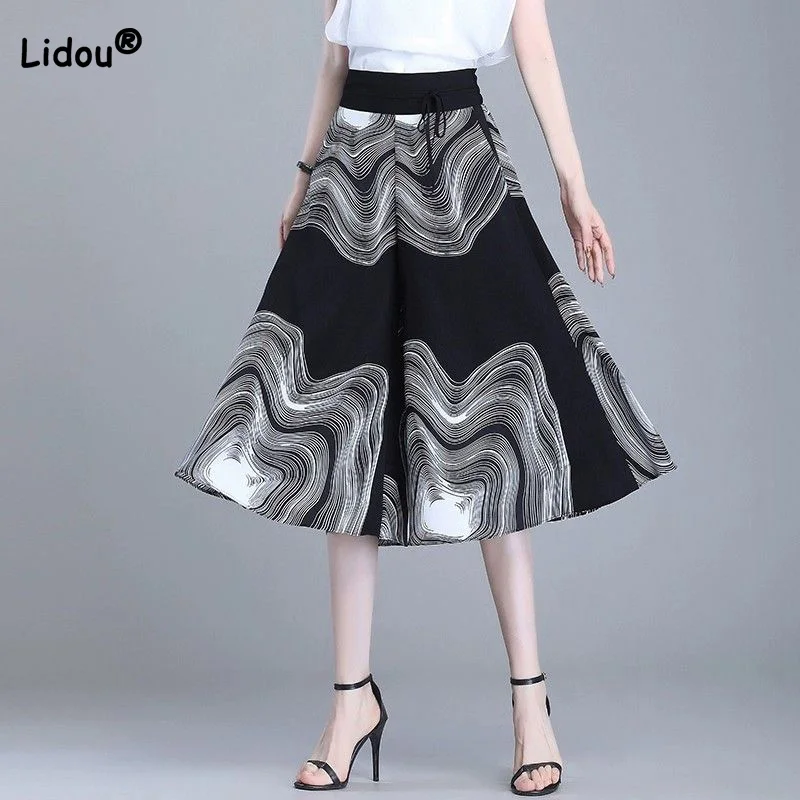 Summer Thin Style 2023 Printing Elastic High Waist Wide Leg Trousers Women Fashion Drape Loose-fitting Seven Points Skirt Pants