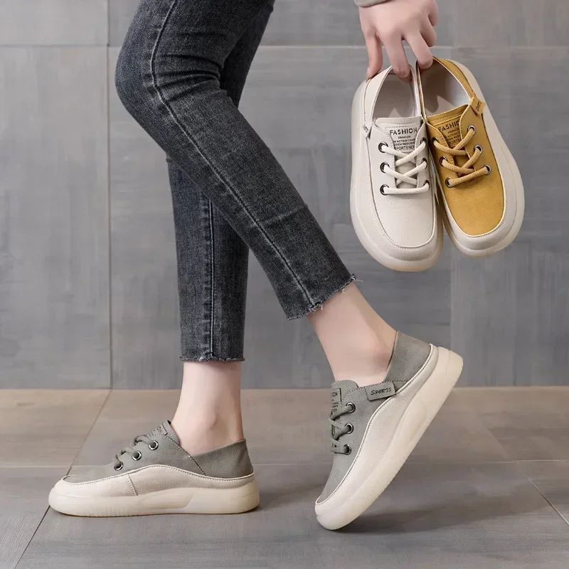 Koznoy 3.5cm Cow Genuine Leather Women Flats Fall Vulcanize Chunky Sneaker Loafer High Brand Platform Slippers Autumn Shoes 6