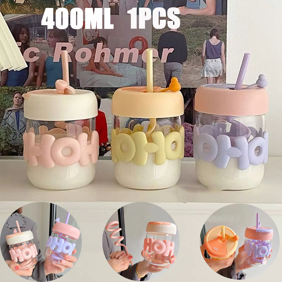400ml Mini Spiral Straw Drinking Water Bottle Girl Portable Flip Top For Sports Double Drink Cup Cartoon Cute Plastic Water Cup