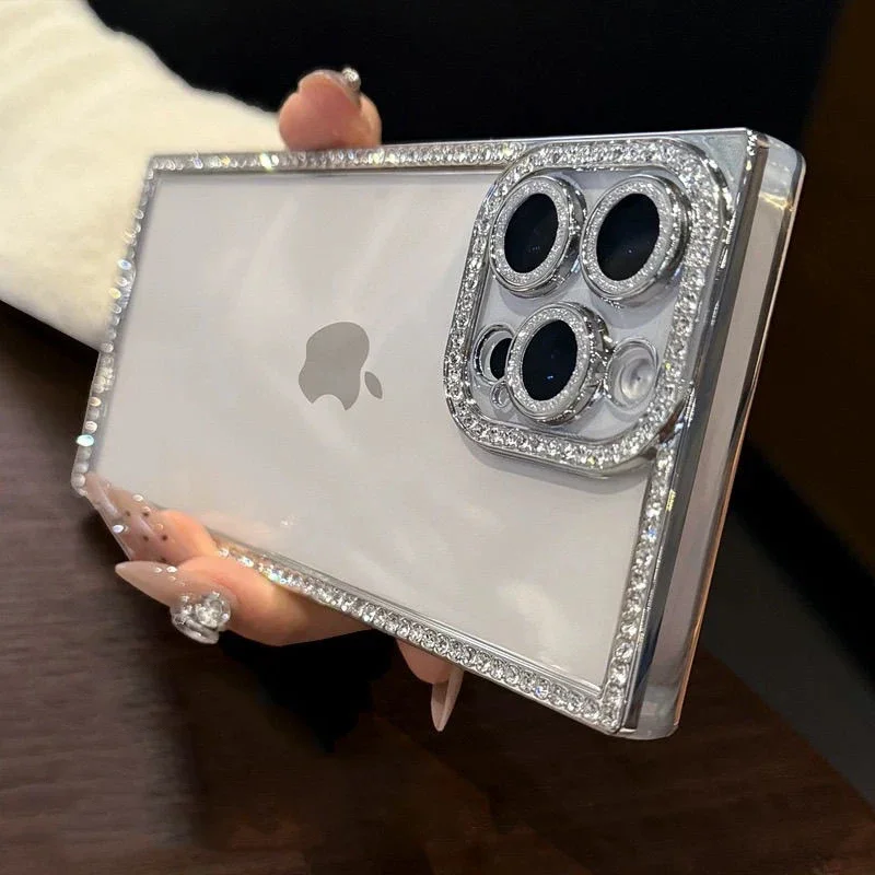 Luxury Glitter Diamond Transparent Phone Case with Square Plating and Soft Silicone Bumper Cover