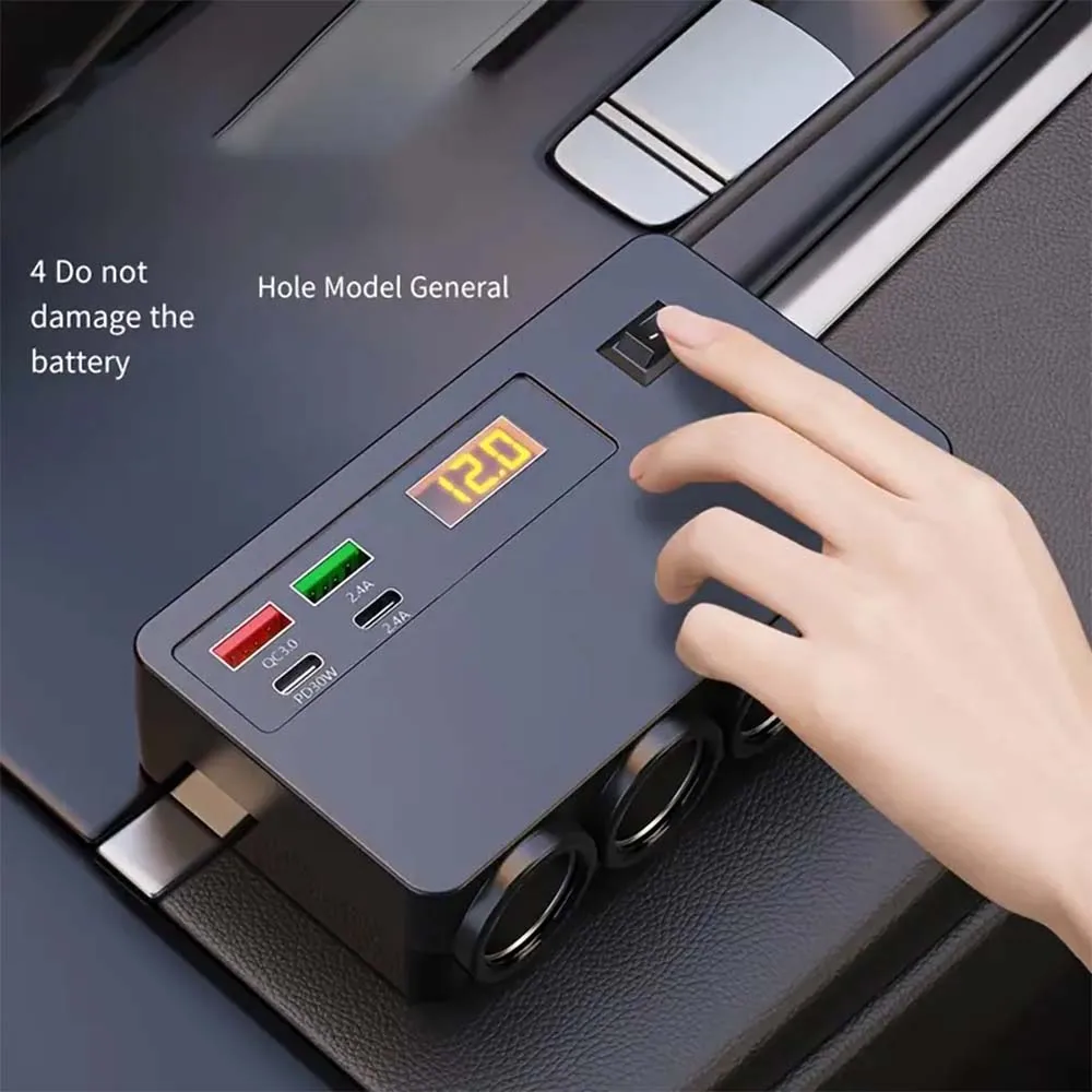 100W Multi-Functional Vehicle Charger USB/TYPE-C Fast Charging Four Conversion Interfaces, With Digital Voltage Display