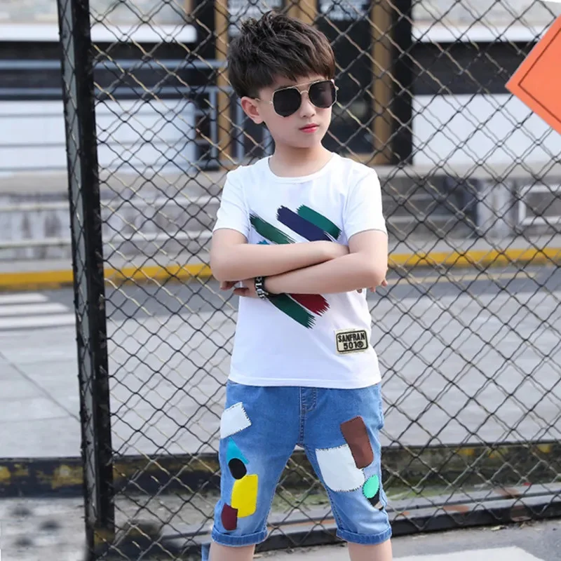 

23 Colors 4-14 T Children Boy Set Sport Suit Summer Fashion Short Sleeve T-Shirt 2 Pieces Outfit Teenager Clothes High Quality