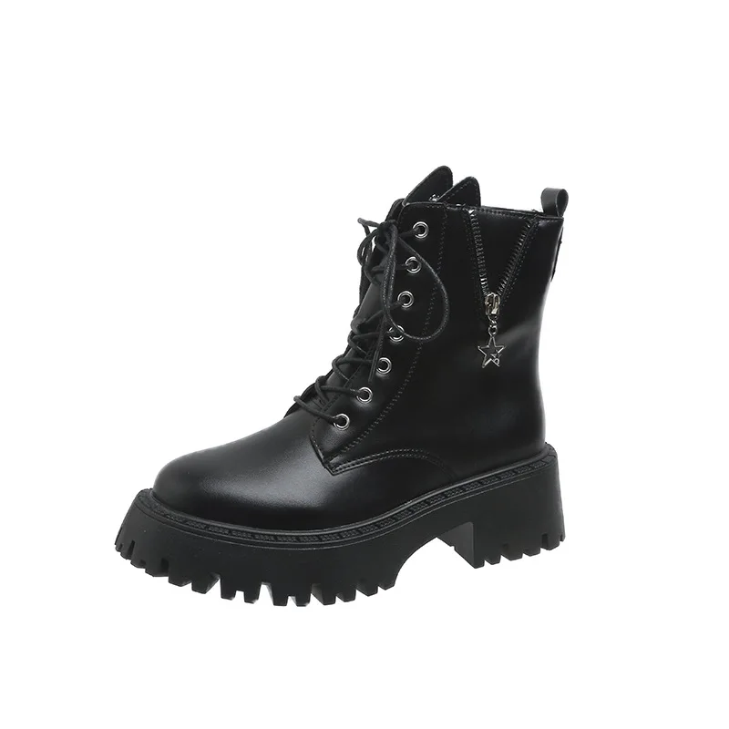 Chunky Platform Gothic Boots Women Punk Style Chain Thick Sole Ankle Booties Woman Lace Up Pu Leather Combat Boots 42