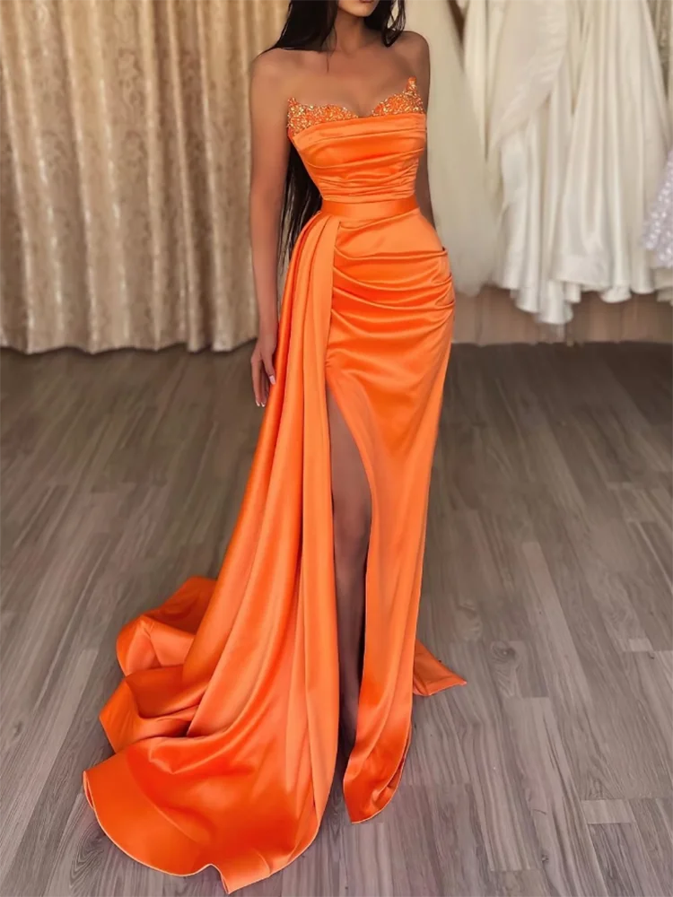 

Elegant Strapless Satin Sleeveless Pleat Side Slit Backless Woman Mermaid Trumpet Formal Evening Dresses Party Floor-Length
