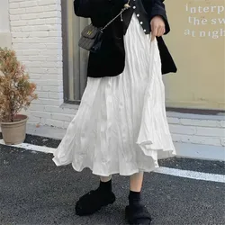 Japanese Elegant Irregular Wrinkled Long Skirt Women High Waist Wrinkled Black White Pleated Skirt 2022 Korean Gothic Midi Saia