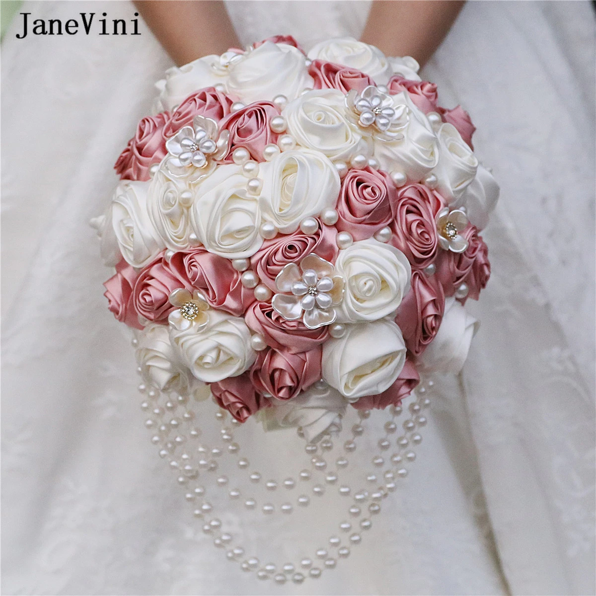 

JaneVini New Elegant Dusty Pink Flowers Bridal Bouquets Waterfall Pearls Artificial Ivory Satin Rose Bouquet Wedding Accessories