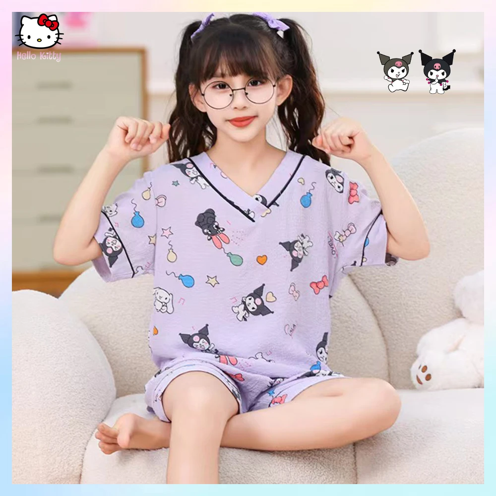 

Детская Пижама Kuromi аниме Kawaii в Корейском стиле, новинка, летние шорты из пенопласта и хлопка с коротким рукавом, детская одежда для сна, домашняя одежда для девочек и мальчиков