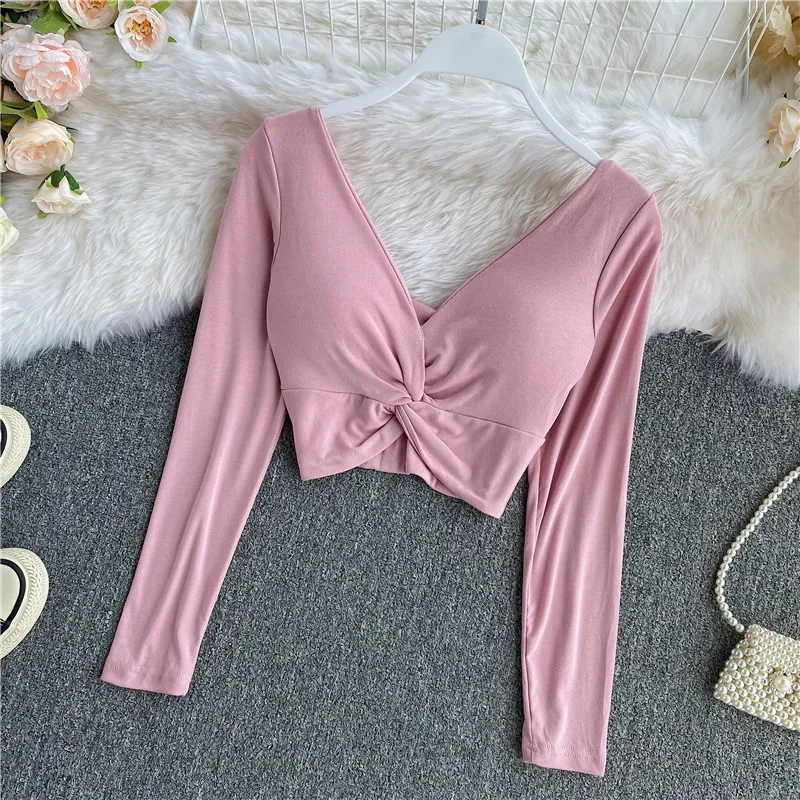 Sexy Knot Low Cut V Ne T irt Women's High Waist ort Top Hong Kong Sle Sve Longevi Autumn New Arrival