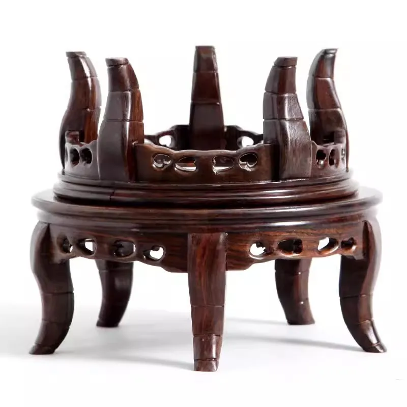 Black sandalwood inlaid marble round base, solid wood Chinese handicraft ornament, unique stone vase base, wooden bracket