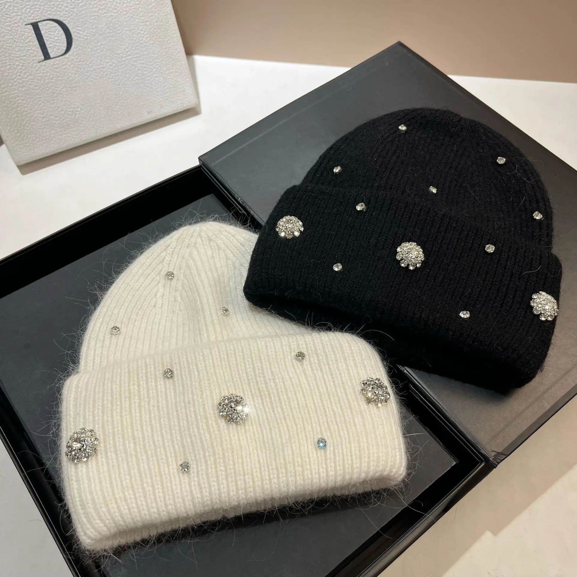 Luxus Strass Echt Kaninchen Fell Gestrickte Hüte für Frauen Winter Warme Wolle Skullies Beanies Dame Casual Beanie Motorhaube Skifahren Kappe – Detail 9