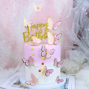 10pcs Dessert gâteau décor papillon estampage or papillon gâteau Toppers princesse fille mariage joyeux anniversaire fête décor 1