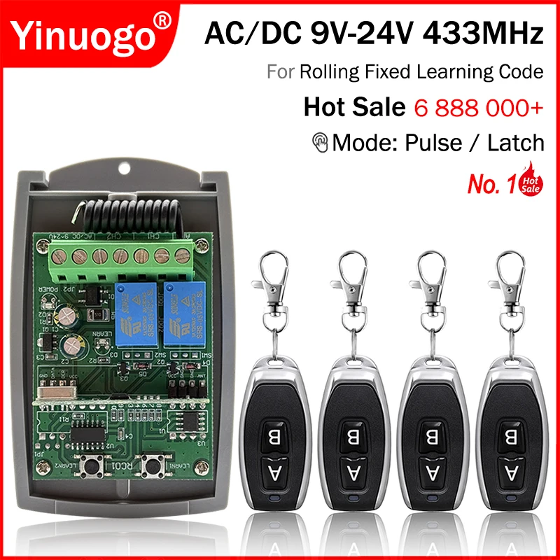 Universal 433MHz Garage Door Remote Control Receiver AC/DC 9V-24V Relay Receiver Garage Gate Control Rolling Fixed Learning Code